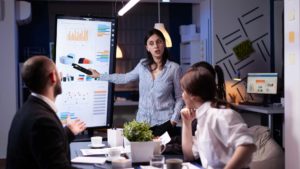 Una mujer joven exponiendo de pie acerca de una evaluación de proyecto de inversión frente a un grupo de otras 3 personas sentadas